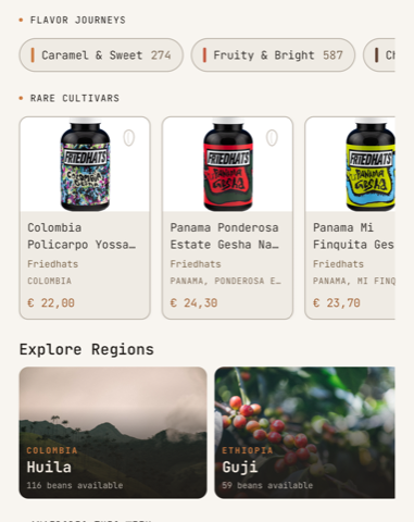 The Tamp Discover screen with Flavor Journeys, Rare Cultivars and Explore Regions